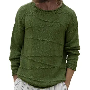 Мужской свитер с манжетами в рубчик, стильные мужские зимние свитера, пуловеры свободного кроя, топы с манжетами в рубчик, дизайн с круглым вырезом, однотонный