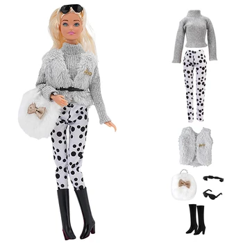 NK 1 комплект платья в стиле кукольного шоппинга: топ + жилет + пояс + брюки + солнцезащитные очки + милая сумка + ботинки для куклы Барби, игрушки, аксессуары для дома