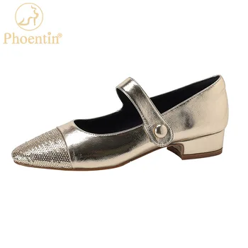 Phoentin/ женская обувь Mary Jane в стиле пэчворк с блестками, 2023, на среднем каблуке, цвета: золотистый, серебристый, вечерние туфли-лодочки с круглым носком, большой размер FT2679