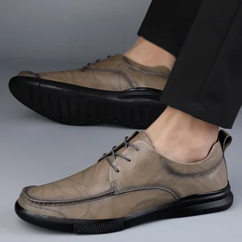 2023 Новые модные мужские Однотонные туфли-оксфорды на шнуровке, мужская модная Официальная обувь, Деловая Повседневная Кожаная обувь, Мужская обувь на плоской подошве