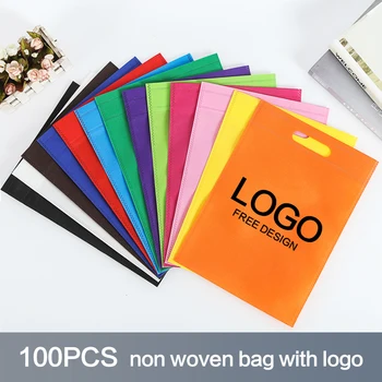 100 шт./лот нетканые подарочные пакеты с индивидуальным логотипом, сумки для покупок одежды с ручкой, одноцветный логотип с принтом, включает таможенную плату