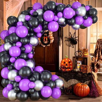 90шт Черный Фиолетовый Серебристый Металлик Латексный набор для арки из воздушных шаров на Хэллоуин для украшения вечеринки в честь Дня рождения ребенка