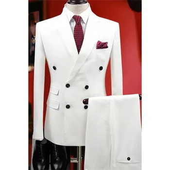 Роскошные свадебные белые мужские костюмы с двубортным отворотом, свободный полный комплект, обычный мужской блейзер, куртка из 2 предметов, брюки