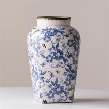 Голубые и белые фарфоровые вазы, цветочные композиции, украшения для гостиной, Китайская классическая керамика, Американские украшения,
