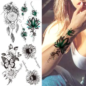 Временные татуировки с акварельным Лотосом Для женщин, мужчин, Ловец снов, Бабочка, поддельная татуировка, Наклейка с цветком Розы, татуировки на предплечье, груди