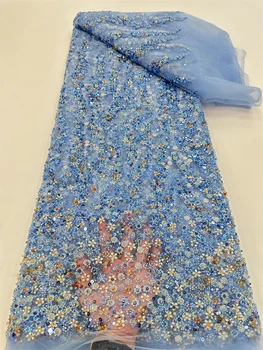 Роскошная Африканская кружевная ткань с пайетками Высокого Качества 2024 г. Вышивка из тяжелого бисера Французский Тюль Кружева Нигерийское свадебное платье
