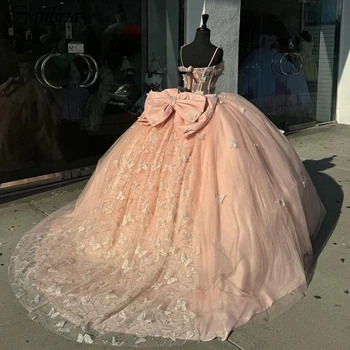 Блестящие хрустальные бусины, бальное платье с 3D бабочкой, пышные платья, корсет на бретельках с бантом, Vestidos De 15 Años