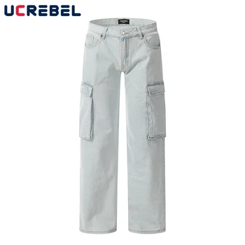 Выстиранные потертые светло-голубые джинсовые брюки, мужская уличная одежда, свободные джинсы с несколькими карманами, мужские брюки