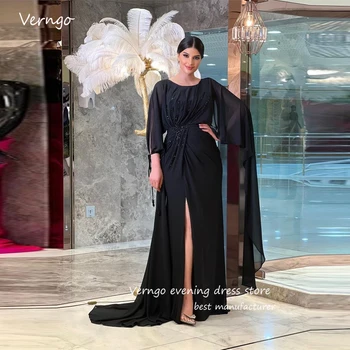 Verngo Черное шифоновое Дубайское арабское Женское вечернее платье с длинными рукавами, расшитое бисером, большие размеры, вечерние платья для мамы на выпускной вечер
