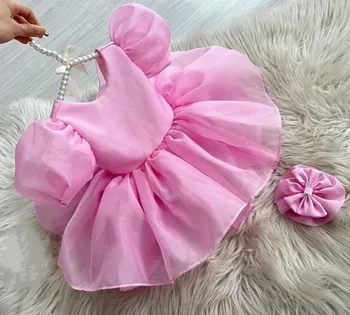 Розовое платье для девочек ручной работы с бантом, пышное платье для малышей, торжественный детский наряд, праздничное платье для девочек, Детское платье 12 м 18 М 24 м