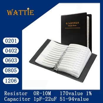 Книга резисторов 2 в 1 Книга конденсаторов Smd Книга 0201 0402 0603 0805 1206 0R ~ 10 М 1% емкость резистора 1pf-22uf