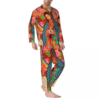 Пижамный комплект Virgin Mary Rainbow Guadalupe Теплая Пижама Унисекс С длинным рукавом Винтажная Пижама для спальни из 2 предметов Плюс Размер 2XL