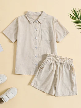 Emmababy, одежда для маленьких мальчиков, шорты, комплекты летней одежды для малышей, однотонная рубашка на пуговицах с коротким рукавом, эластичный пояс