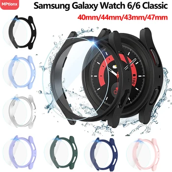 Стекло + Чехол для Samsung Galaxy Watch 6 44 мм 40 мм Водонепроницаемый Чехол для ПК Watch 6 Classic 43 мм 47 мм Galaxy Watch Case + Защитная Пленка Для экрана