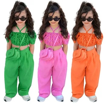 Модная детская одежда для девочек, летний топ из двух предметов с открытыми плечами + Брюки + Прямые брюки для маленьких девочек на 3, 4, 5, 6, 7, 8, 9 лет