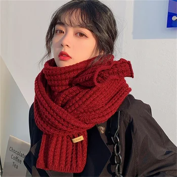 Зимний шарф для женщин, новые Корейские шерстяные шарфы, любители мужчин и женщин, теплые Студенческие чистые Красные однотонные вязаные шарфы, нагрудник