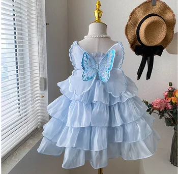 Розничная продажа, Новое платье с бабочкой и цветочным принтом для маленьких девочек, Детское Милое Праздничное платье на день рождения для детей 2-7 лет