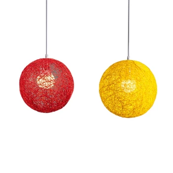 Люстра с шариками из ротанга и пеньки, 2 предмета, индивидуальное творчество, сферическое гнездо из ротанга, абажур Красный и желтый