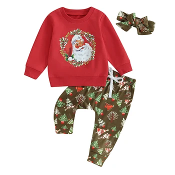 Одежда для маленьких девочек Толстовка с круглым вырезом и принтом Санта-Пряничного Человечка со штанами и повязкой на голову Рождественский наряд