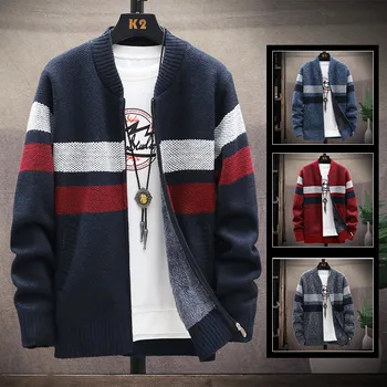 Мужской бейсбольный свитер с воротником Осень-зима, шерстяной свитер с подкладкой, модный трикотажный кардиган на молнии, модная куртка в полоску