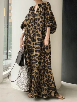 Леопардовое платье-рубашка, женское винтажное платье Макси, женское летнее платье с V-образным вырезом и коротким рукавом, женское повседневное свободное пляжное длинное платье