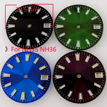 Циферблат часов Nologo 28,5 мм с глянцевой эмалью, Светящиеся метки для деталей корпуса часов NH35 NH36 Movt, Лицевые части корпуса часов