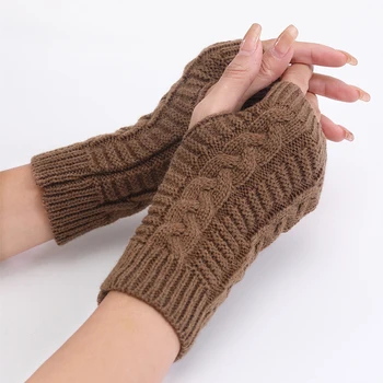 Женские шерстяные перчатки на полпальца, вязаные теплые велосипедные перчатки без пальцев