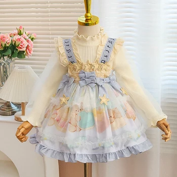 Роскошное платье в стиле Лолиты для девочек от 1 до 7 лет, кружевное платье принцессы в стиле пэчворк, модное платье-комбинация и вязаный свитер, вечернее платье для девочки