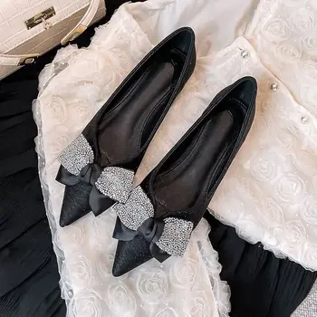 2022, Брендовая дизайнерская обувь на плоской подошве с большим бантом, женские Остроносые блестящие Вязаные балетки, Свадебные туфли с шелковым бантом-бабочкой из страз