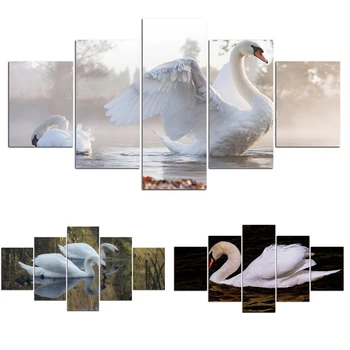 5 Шт. Холст с изображением животных, декорации для плавания с белым лебедем, модульные настенные картины для гостиной, современное украшение дома