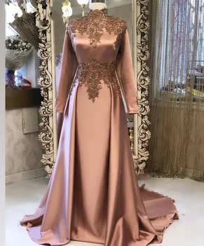 Дубайское Мусульманское Женское Вечернее Платье С Длинными Рукавами 2024, Потрясающие Аппликации Из Бисера, Атласное Платье Для Выпускного Вечера, Vestidos De Fiesta