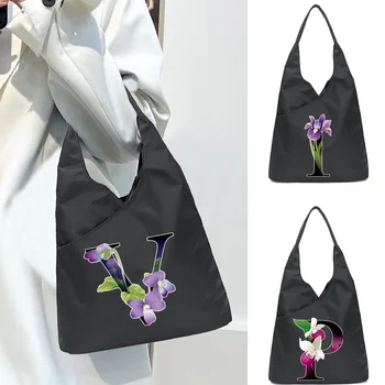 Сумки Толстая складная сумка через плечо из эко-нейлона с цветочным рисунком и буквами, Женская Многоразовая портативная складная сумка для супермаркета, Большая сумка-тоут