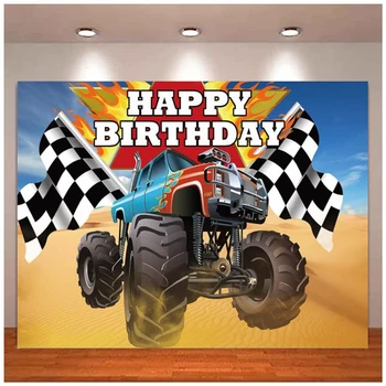 Тема Monster Truck С Днем рождения, Фон для фотосъемки гоночных автомобилей, Фон для вечеринки в честь Дня рождения ребенка, декор для торта, стола
