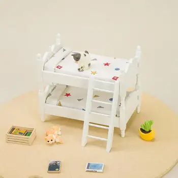 1:12 Миниатюрная Модель Двухъярусной Кровати Стабильная Структура Геометрический Узор Двухъярусная Кровать Кукольный Домик Мебель для Украшения Кукольного Домика