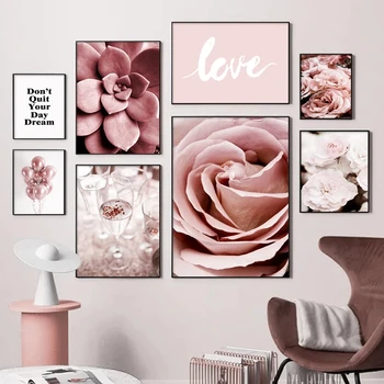 Розовый цветок пиона, суккуленты, любовные цитаты, настенное искусство, современная живопись на холсте, скандинавские принты и плакаты, настенные панно для украшения дома.