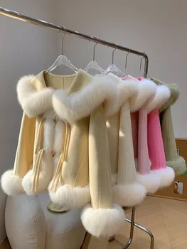 Новое осенне-зимнее двустороннее шерстяное пальто 2024 года с воротником из натурального лисьего меха, корейская версия короткого мехового женского шерстяного пальто