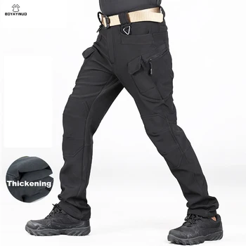 Мужские водонепроницаемые Тактические брюки с несколькими карманами, Военные брюки Softshell Из Акульей кожи, Флисовые Тренировочные брюки, Рабочие брюки, Зимние