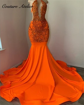 Сексуальные оранжевые платья на бретельках с кристаллами, расшитые бисером, для выпускного вечера для чернокожих девушек, платье Русалки, элегантное роскошное вечернее платье из атласа знаменитостей