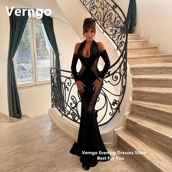 Черные кружевные платья для выпускного вечера Verngo, сексуальное вечернее платье Русалки с длинными рукавами на бретелях, вечерние платья с вырезами