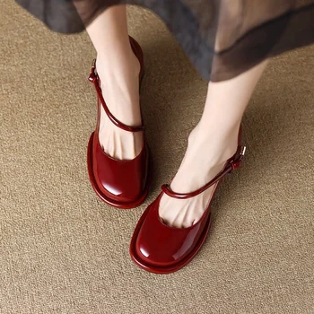 Французская женская обувь на высоком каблуке 2024 Весна Новая Ретро Красная кожаная обувь на платформе Элегантная женская обувь на каблуке Праздничная Свадебная обувь Повседневная