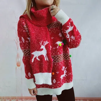 Рождественский Красный женский свитер Зимней вязки, Свободный модный пуловер с длинным рукавом, теплые трикотажные повседневные рождественские джемперы