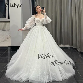 Свадебные платья принцессы из блестящего белого тюля Viisher с пышными рукавами, свадебные платья длиной А-силуэта 