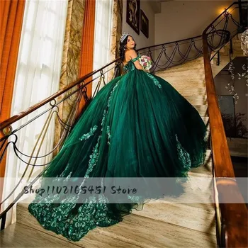 Изумрудно-зеленые пышные платья с кружевным бисером и цветочным рисунком Mexican Princess Sweet 16 Выпускных платьев vestidos de 15 quinceañera