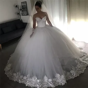 Бальное платье принцессы Кружевные Свадебные платья 2020 Милая Плюс Размер Расшитый бисером Белый Пышный Тюль Арабские Свадебные платья Vestido De Novia