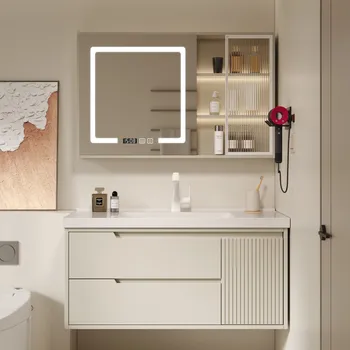 Дубовый лак, встроенная керамическая раковина, комбинация шкафов для ванной комнаты, простая современная корпусная мебель для ванной комнаты в кремовом стиле YX50BC