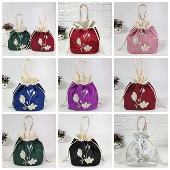 Атласная шелковая вышивка, цветочная сумочка, сумка для мамы, сумка Hanfu на завязках в корейском стиле, кошелек, Хозяйственная сумка, Цветочная сумка-ведро