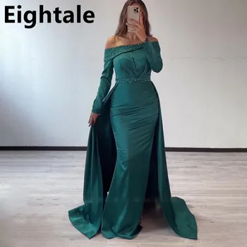 Eightale 2023 Зеленое атласное вечернее платье Русалки с длинным рукавом для свадебной вечеринки, расшитое бисером платье для выпускного вечера, Дубайское вечернее платье