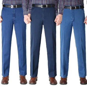 Мужские весенне-летние тонкие джинсы из денима среднего возраста, деловые прямые леггинсы с высокой талией, свободного кроя, большой стрейч, повседневная посадка