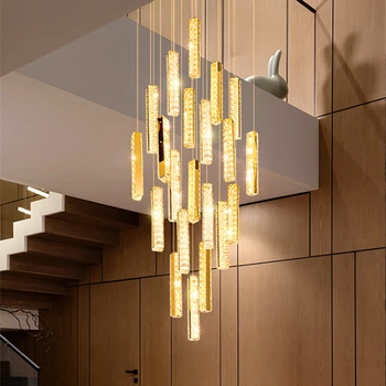 Современная хрустальная светодиодная люстра для гостиной Nordic Duplex с винтовой лестницей, подвесные светильники Luxury Long Cristal Home Indoor Light