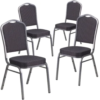 Банкетный стул с откидной спинкой серии HERCULES, состоящий из 4 предметов, из черной ткани с рисунком - каркас из серебристых жилок Nordic 